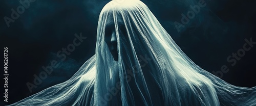 Ethereal figure draped in white, mysterious presence with dark backdrop and subtle smoke