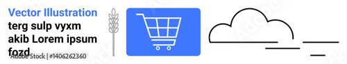 Blue shopping cart box, wheat stalk, and cloud line art representing farming, e-commerce, agriculture, sustainability, online shopping, innovation and eco-friendly concept. Ideal for a simple