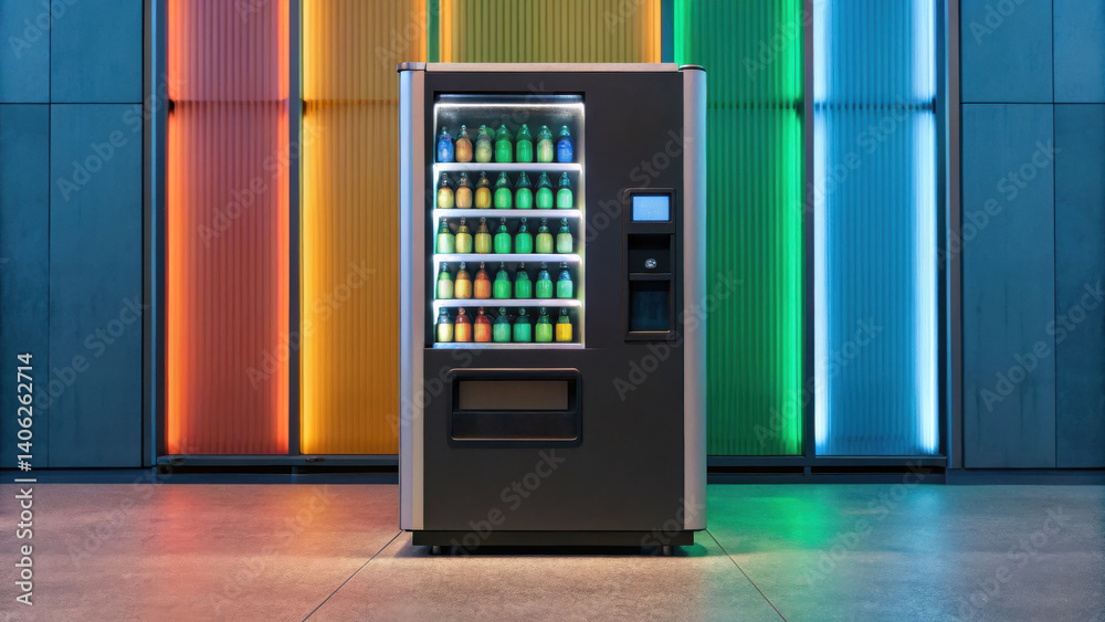 modern vending machine displays variety of beverages in sustainable packaging, enhancing vibrant atmosphere of space modern vending machine displays variety of beverages in sustainable packaging, enhancing vibrant atmosphere of space