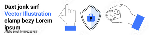 Hand gesture with finger pointing, hand adjusting a knob, and shield featuring a lock icon. Ideal for security, privacy, control, precision, safety digital interface technology. Flat landing page