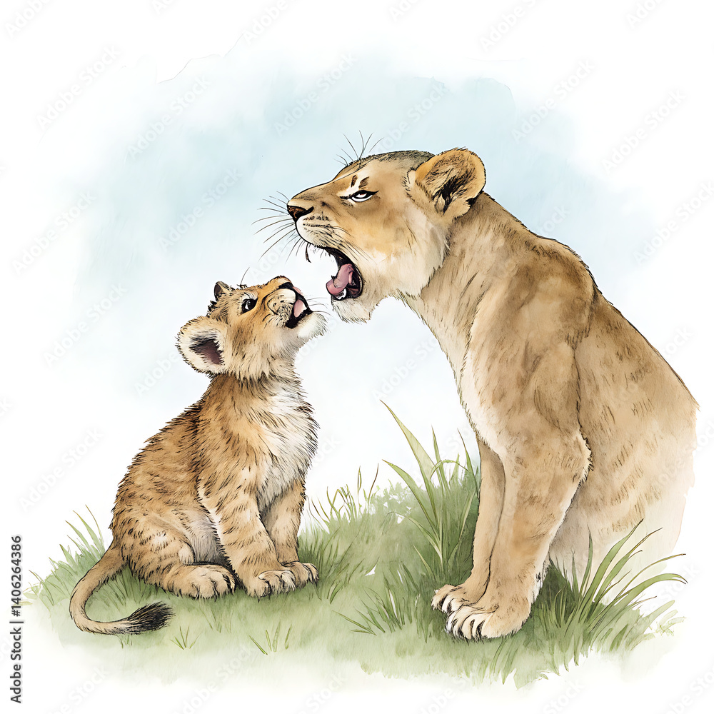 Obraz premium Playful Lion Cub Mimics Parent in Sweet Watercolor Clipart of a Lion in a Natural Setting