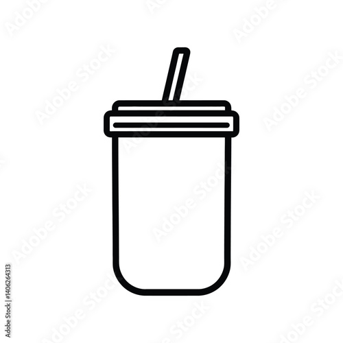 Black outline drink cup with lid and straw on transparent