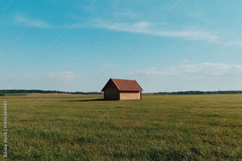 Small wooden cabin in a vast grassy field under a clear sky Small wooden cabin in a vast grassy field under a clear sky