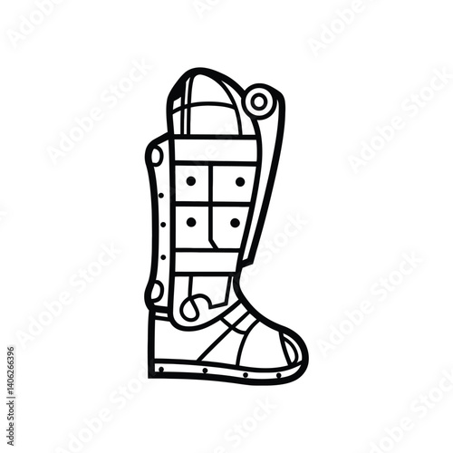 Detailed Black Outline Armor Leg and Foot Guard on White Background
