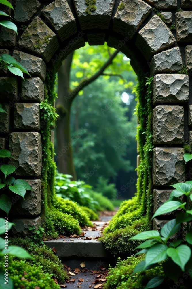 Subtle green hues blend with overgrown moss and lichen on old stone wall , worn, stone wall Subtle green hues blend with overgrown moss and lichen on old stone wall , worn, stone wall