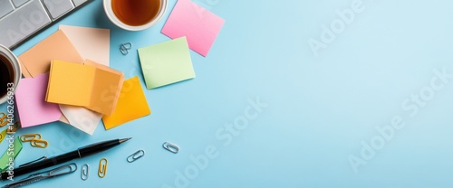 Organized office desk flat lay with coffee stationery and notes for business and productivity