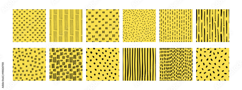 Set of seamless hand drawn dash and doodle patterns on a yellow background. Cute minimalist textures with hearts, lines, drops, and stars. Perfect for kids design, fabric, and wrapping paper