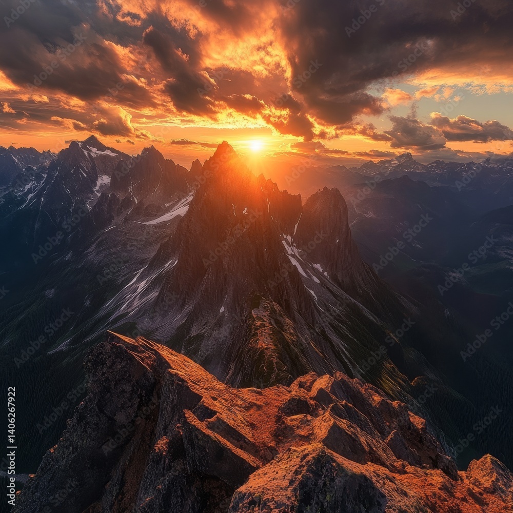 Obraz premium Majestic Sunset Over Rugged Mountain Peaks with Dramatic Clouds Illuminating the Sky in a Vibrant Display of Nature's Beauty and Tranquility