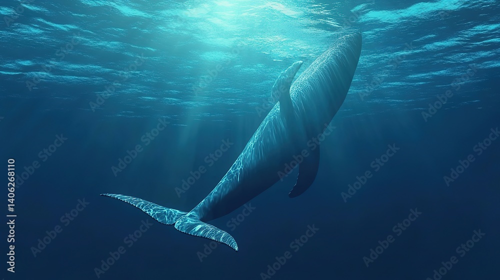 Obraz premium Big blue whale swimming in the ocean with vivid details of fin and tail. Isolated illustration perfect for eco projects, nature, and wildlife themes.
