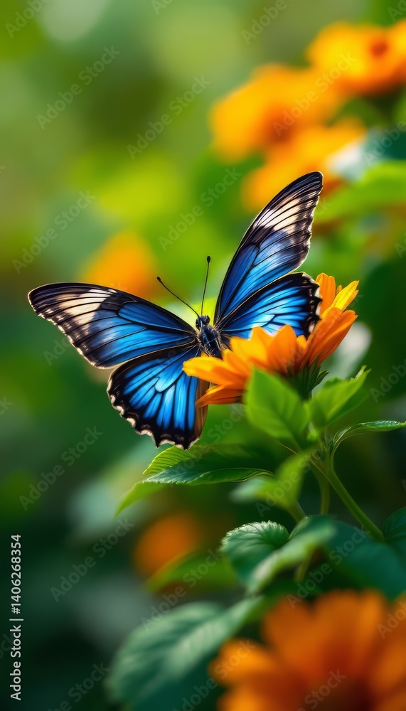 Fototapeta premium Blue Butterfly Sipping Nectar From Orange Flower in Lush Garden