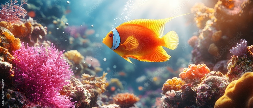 Fototapeta premium Vibrant coral reef habitat with an orange fish swimming amidst colorful coral, bubbles, and sunlight
