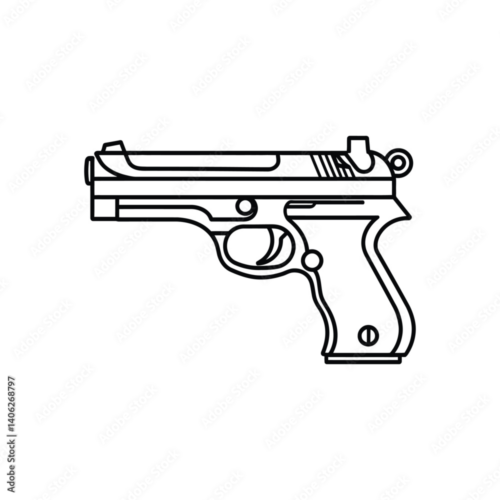 Handgun Line Art, Firearm Outline Design, Modern Pistol Shape Isolated Handgun Line Art, Firearm Outline Design, Modern Pistol Shape Isolated