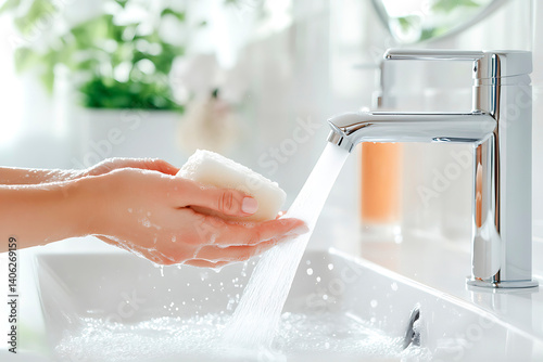 Woman meticulously washing her hands with soap under running water, emphasizing hygiene and cleanliness