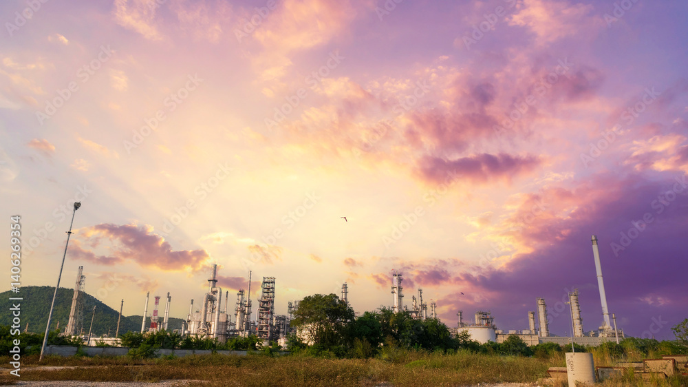 Obraz premium Oil refinery gas petrol plant industry with crude tank, gasoline supply and chemical factory. Petroleum barrel fuel heavy industry oil refinery manufacturing factory plant. Refinery industry concept