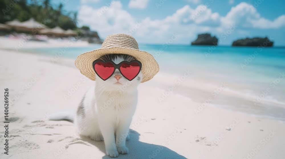 Obraz premium Cat in Straw Hat and Heart-Shaped Sunglasses on White Sand Beach in Summer
