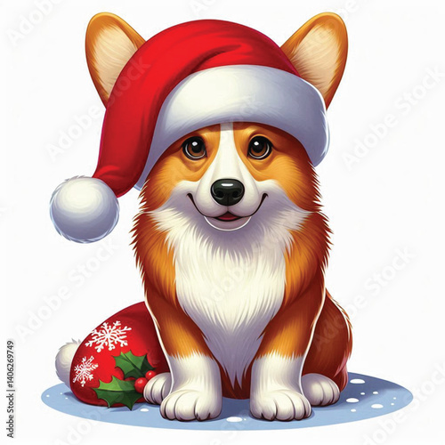 Christmas Corgi Dog wearing santa claus hat Cartoon Vector Illustration isolated