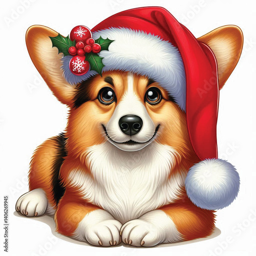 Christmas Corgi Dog wearing santa claus hat Cartoon Vector Illustration isolated