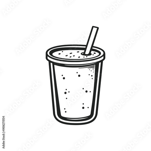 Isolated Monochrome Cup with Straw and Bubbles on a Transparent Background