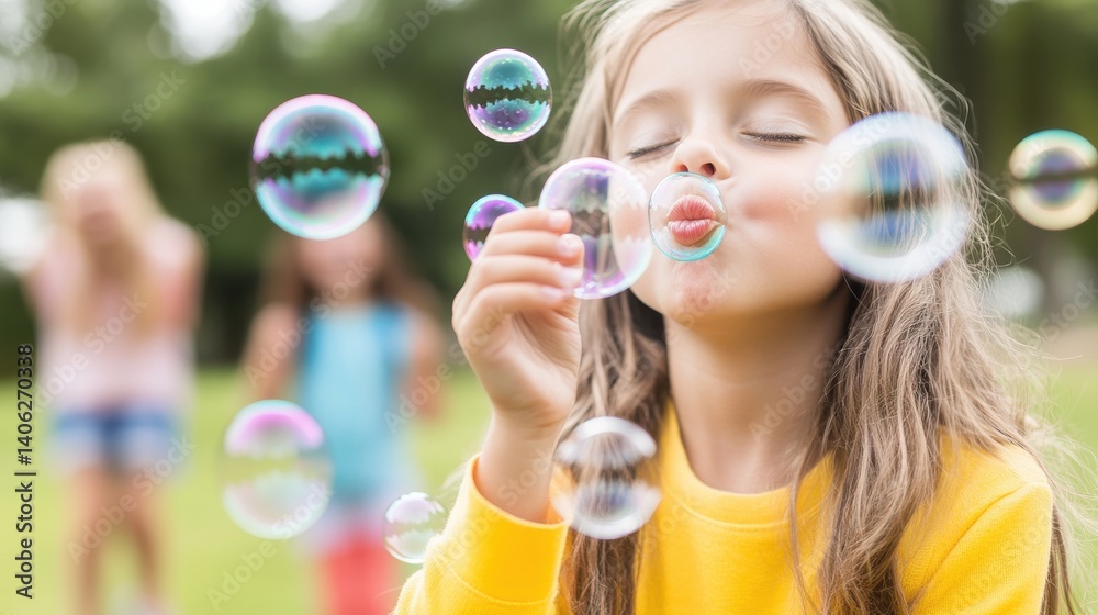 A young girl blows bubbles with friends in a soft green field with trees A young girl blows bubbles with friends in a soft green field with trees