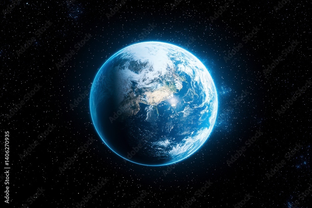 Earth From Space Digital Rendering of Illuminated Planet Against Starry Background Earth From Space Digital Rendering of Illuminated Planet Against Starry Background