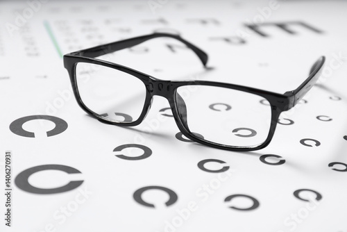 Glasses on vision test chart, closeup view