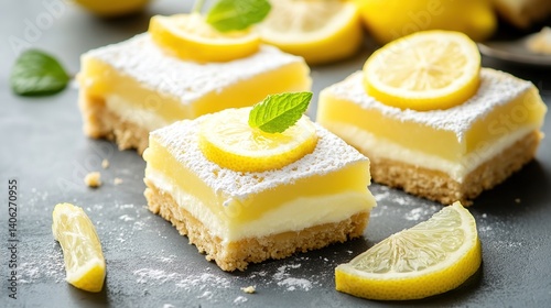  Delicious Lemon Squares with Creamy Lemon Filling and Buttery Shortbread Base. Sweet, Tart Dessert with Fresh Lemon Slices and Mint Leaves.