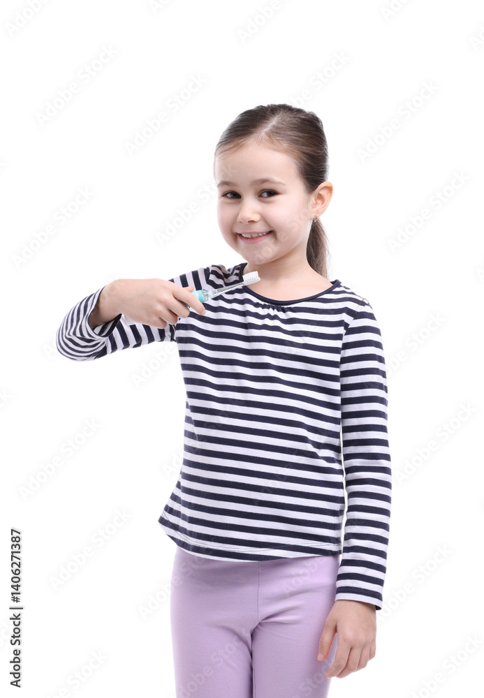 Cute girl with toothbrush on white background Cute girl with toothbrush on white background