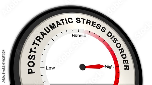 Post-Traumatic Stress Disorder text or word shown with a barometer or tachometer-style gauge, representing varying levels of psychological distress and trauma recovery