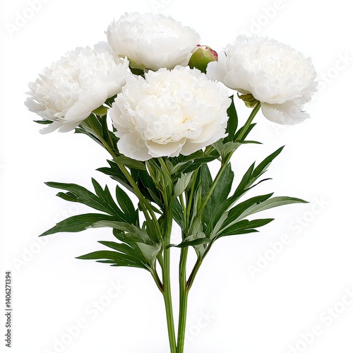 Elegant White Peonies in Full Bloom with Green Leaves on Clean White Background