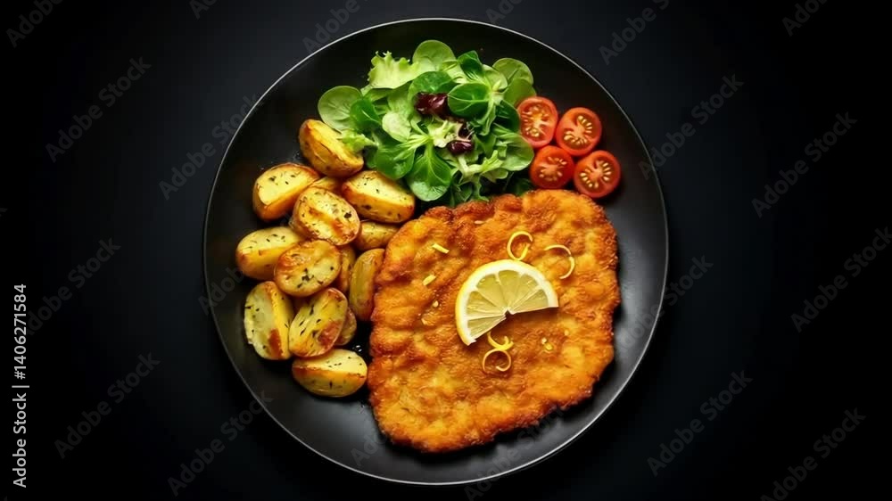 High-angle, close-up view of a plate of German Schnitzel, served with roasted potatoes and a fresh salad. High-angle, close-up view of a plate of German Schnitzel, served with roasted potatoes and a fresh salad.