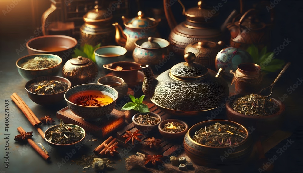 Fototapeta premium Traditional tea ceremony setting with international teaware, herbs, and cups arranged beautifully for tea day