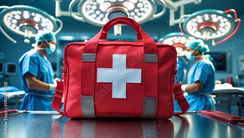 Ultra-Realistic Red First Aid Bag on Hospital Operating Table in Modern Surgical Room