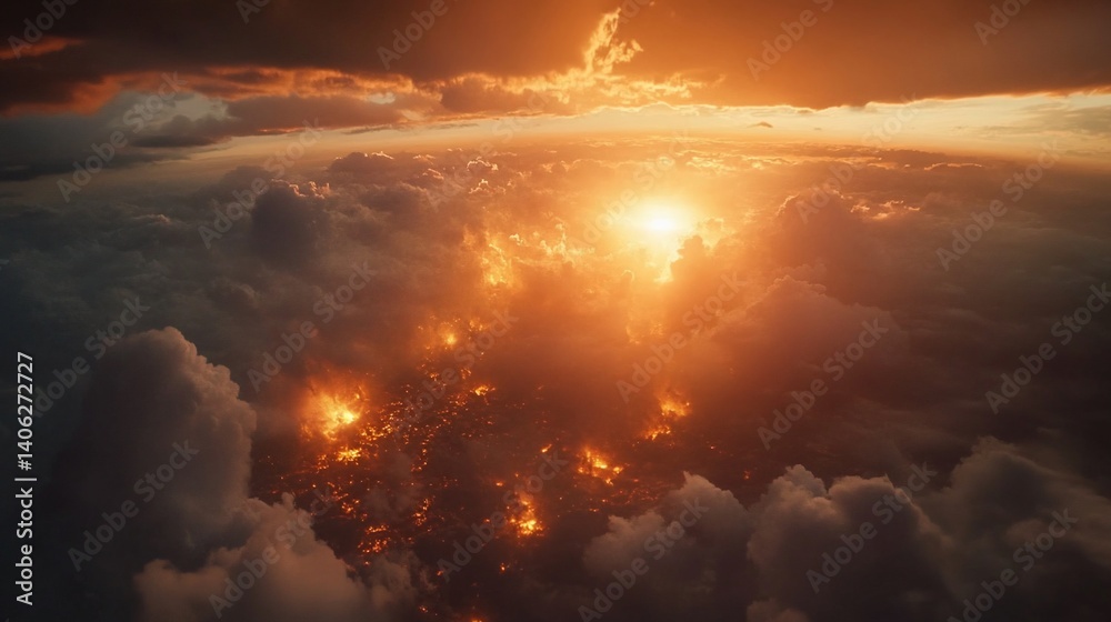 Fototapeta premium Fiery Sky View: Volcanic Eruptions and Dramatic Clouds at Sunset or Sunrise