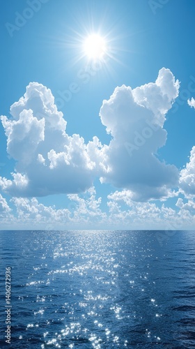 A sunny day over the ocean. Beautiful white clouds fill the blue sky, and water reflects sunlight