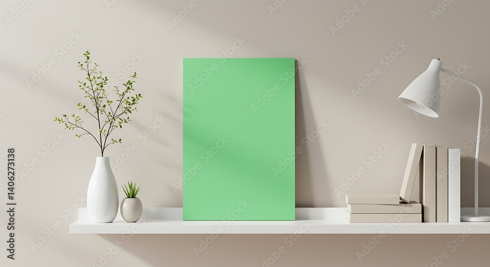 Obraz premium Green Artwork on Shelf with Lamp and Vase Mockup