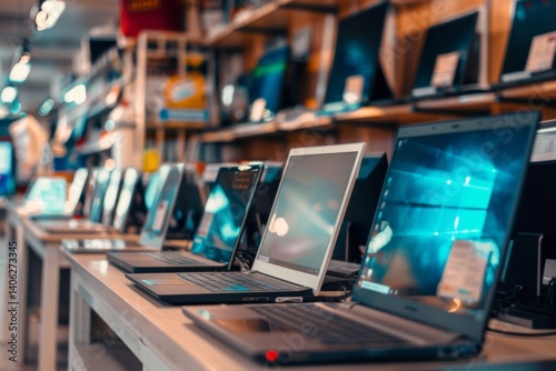 Laptops for sale on the counter in a computer store