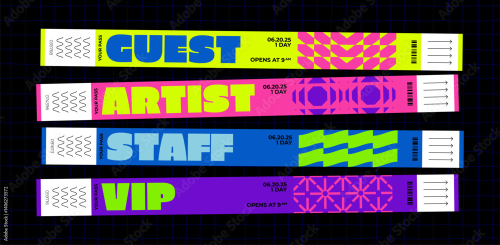 Party Ticket Bracelet Mockup. Festival and Concert Hand Wristband. Vector Y2K Event Sticker