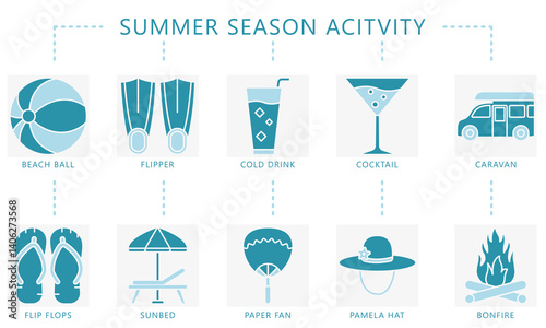Summer season blue icons set, contain ball, flipper, sunbed, flip flop, cold drink, cocktail, pamela hat, fan, caravan, bonfire and more. Vector for UI, UX , digital, print, web and app development