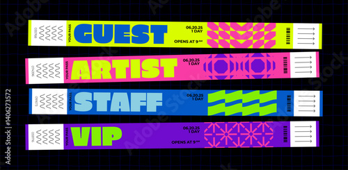 Party Ticket Bracelet Mockup. Festival and Concert Hand Wristband. Vector Y2K Event Sticker