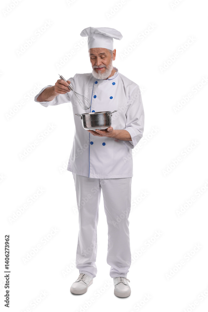 Professional pastry chef with whisk and cooking pot on white background Professional pastry chef with whisk and cooking pot on white background