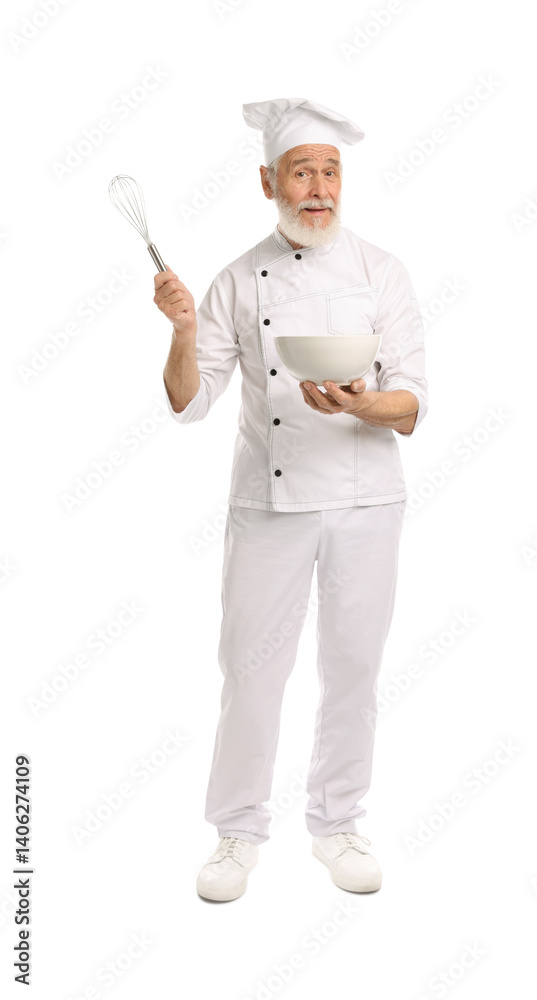 Professional pastry chef with whisk and bowl on white background Professional pastry chef with whisk and bowl on white background
