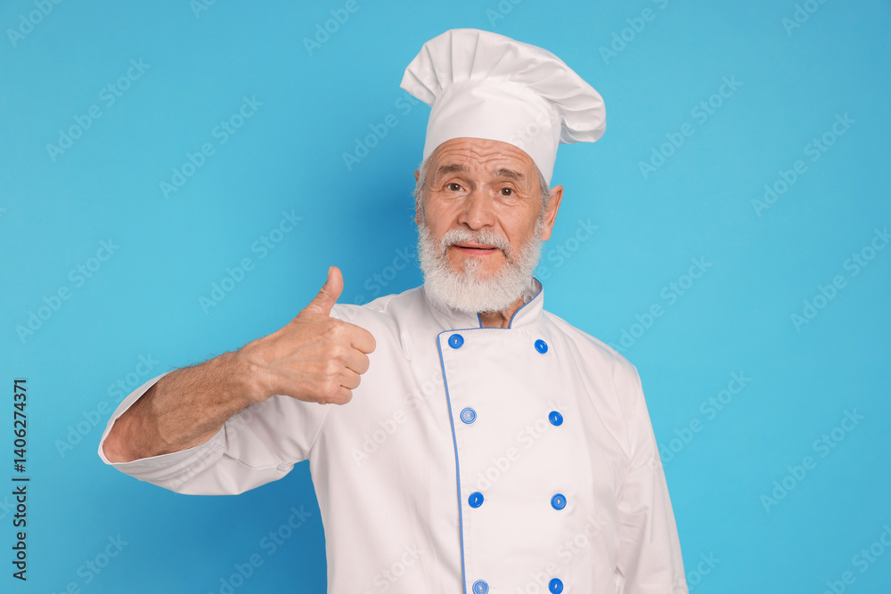 Professional pastry chef showing thumbs up on light blue background Professional pastry chef showing thumbs up on light blue background