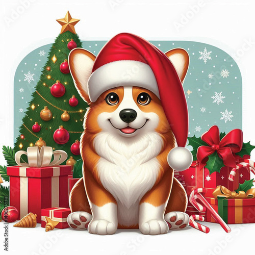 Christmas Corgi Dog wearing santa claus hat Cartoon Vector Illustration isolated