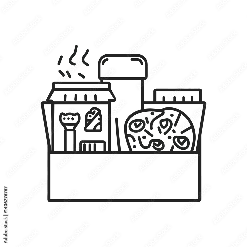 Naklejka premium Outline Style Food Box with Pizza, Noodles, and Beverage on Transparent Background