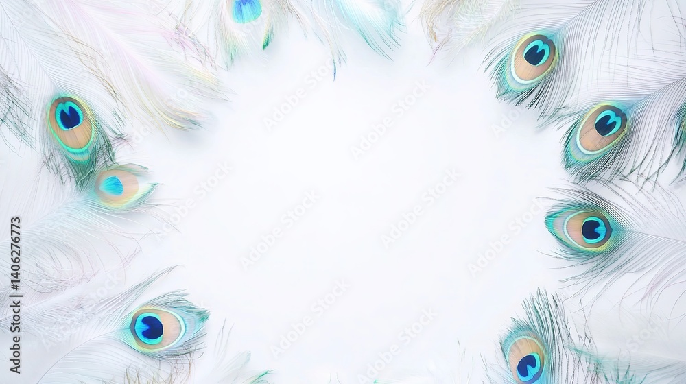 Obraz premium Peacock Feathers Creating a Frame Against White Backdrop. Vibrant Iridescent Plumage for Creative Designs and Fashion.