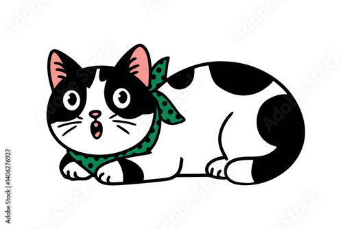 Playful Kitten Caught Off Guard, Wearing a Stylish Green Neck Scarf