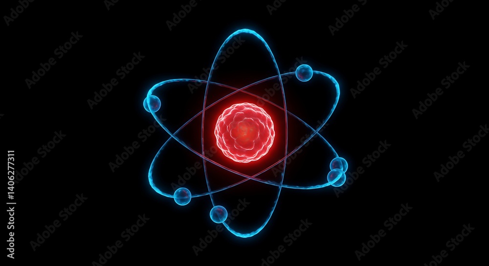 Atomic Structure: Glowing Red Nucleus with Electrifying Blue Orbitals Atomic Structure: Glowing Red Nucleus with Electrifying Blue Orbitals