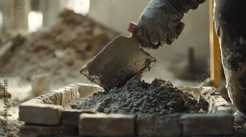Mason mixing mortar for bricklaying at a site. Featuring masonry work and construction