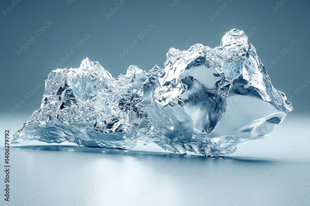 Shard of ice on a light blue surface, crystalline structure visible in detail Shard of ice on a light blue surface, crystalline structure visible in detail