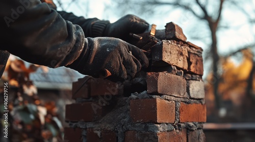 Mason repairing a brick chimney on a house. Featuring chimney repair